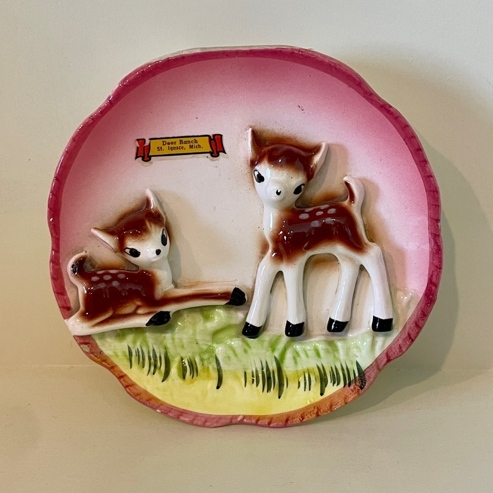 Vintage Antique Wall Planter Ceramic Deer Kitsch Japan Wall Plaque Woodland
